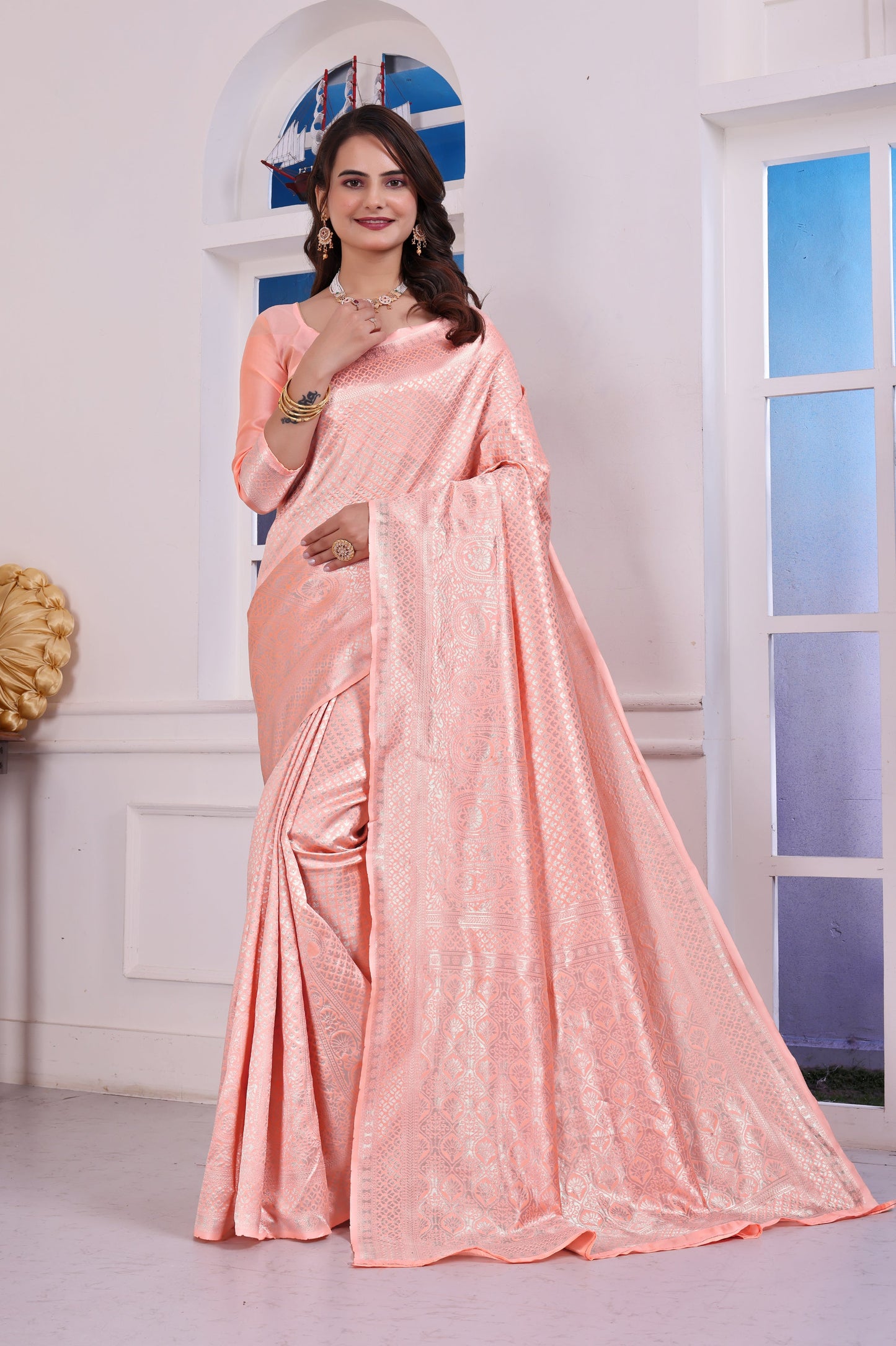 Zarika Peach Banarasi silk saree