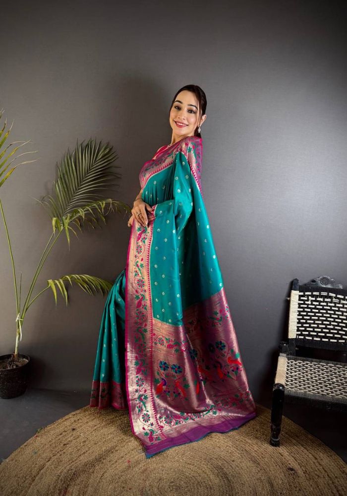 Divine Firozi Paithani Silk Saree With Blooming Blouse Piece