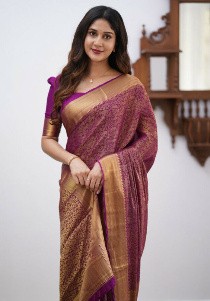 Sharini – Traditional Purple Soft Silk Saree with Refined Weaves
