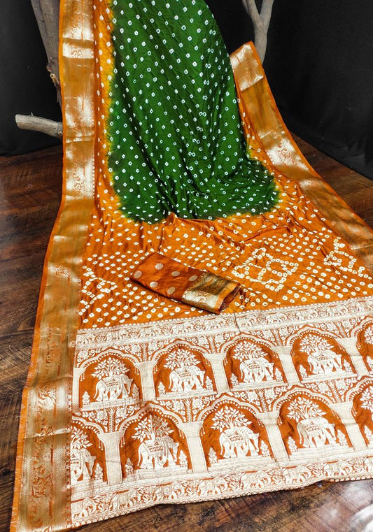 Ziyana Orange Green Bandhej Silk Saree