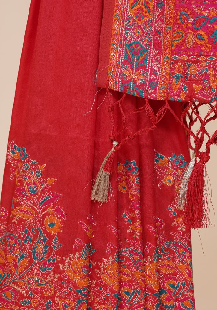 Glamorous Red Pashmina Saree With Artistic Minakari Work