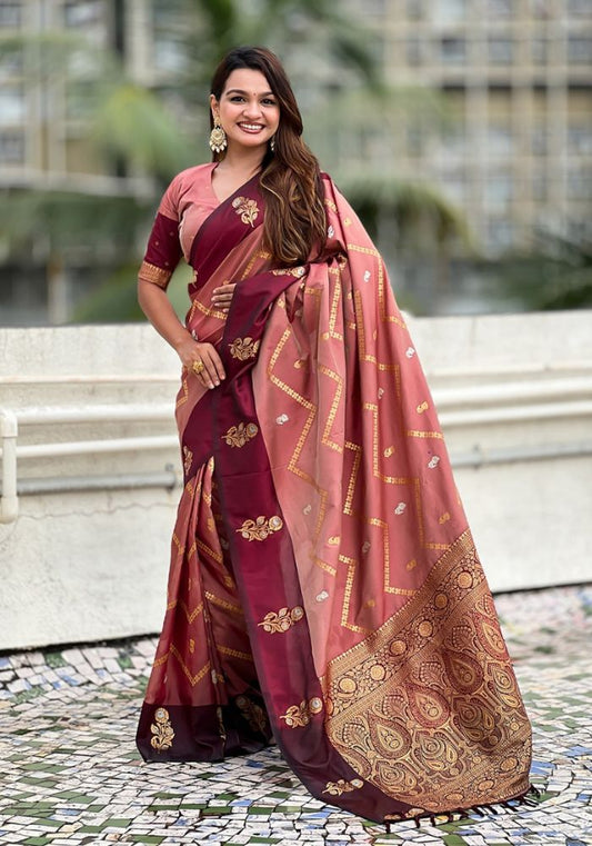 Ruvika – Banarasi Soft Silk Saree in Gajari with Ornamental Border
