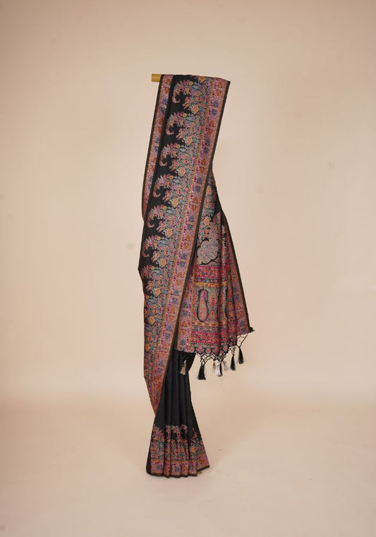 Glamorous Black Pashmina Saree With Artistic Minakari Work