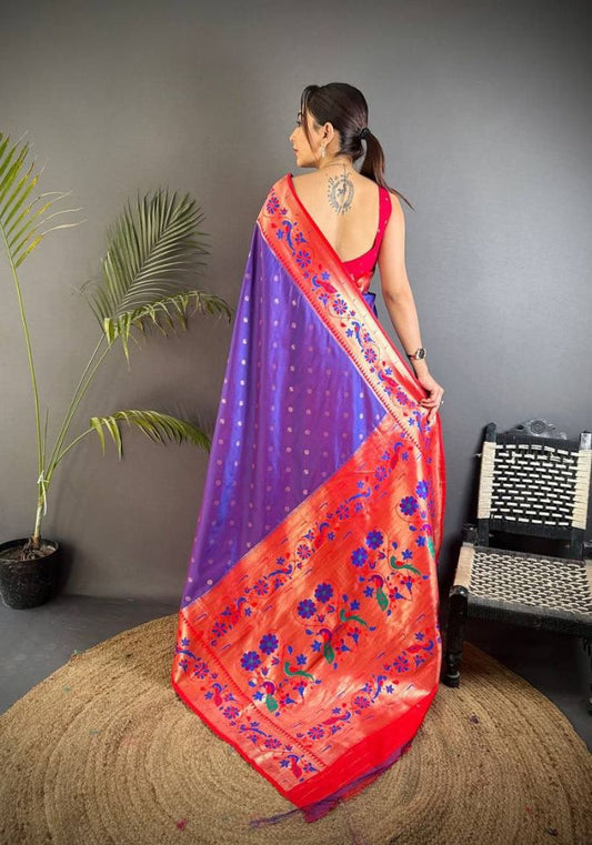 Exuberant Royal Purple Paithani Silk Saree With Ethnic Blouse Piece