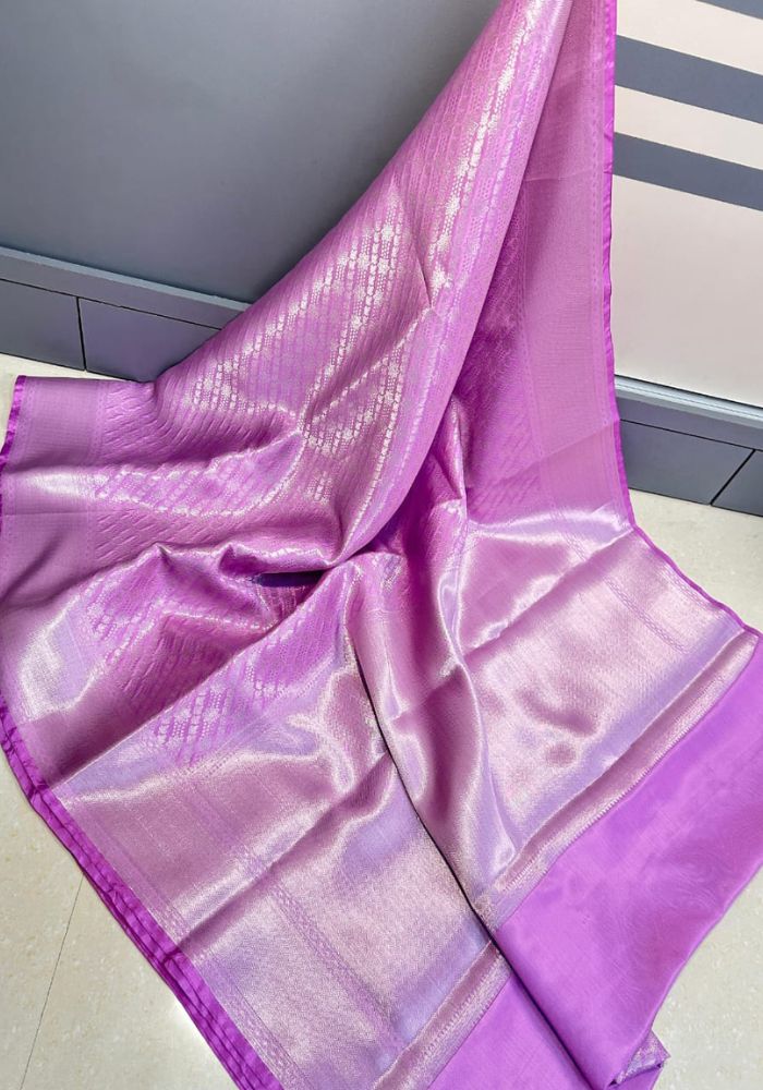Samika – Lilac Purple Banarasi Soft Silk Saree with Silver Zari Weaving