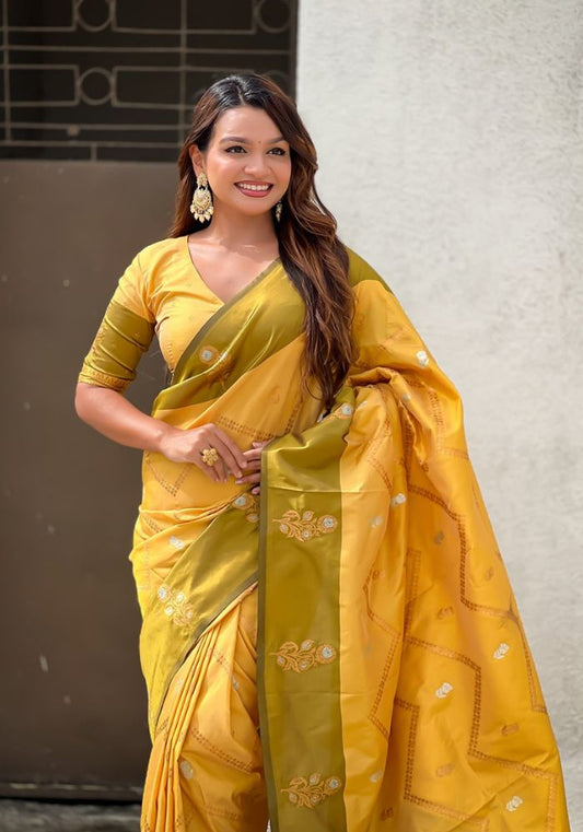 Ruvika –Banarasi Soft Silk Saree in Gold with Ornamental Border