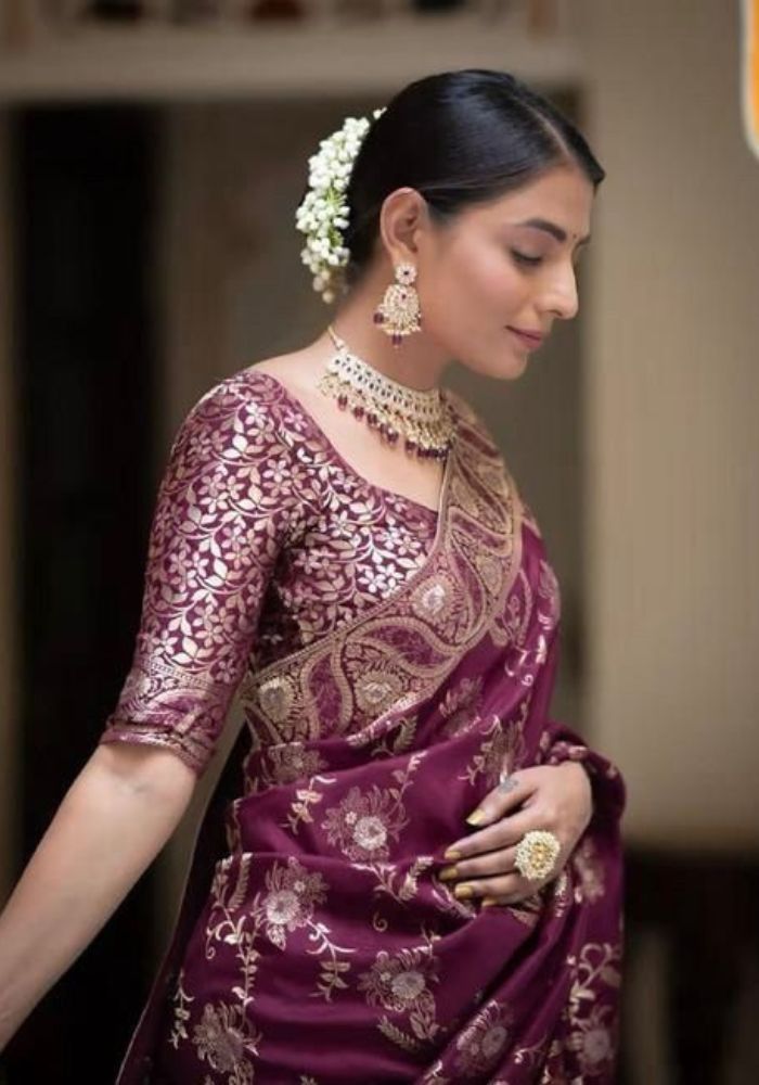 Anarkali Wine banarasi silk saree