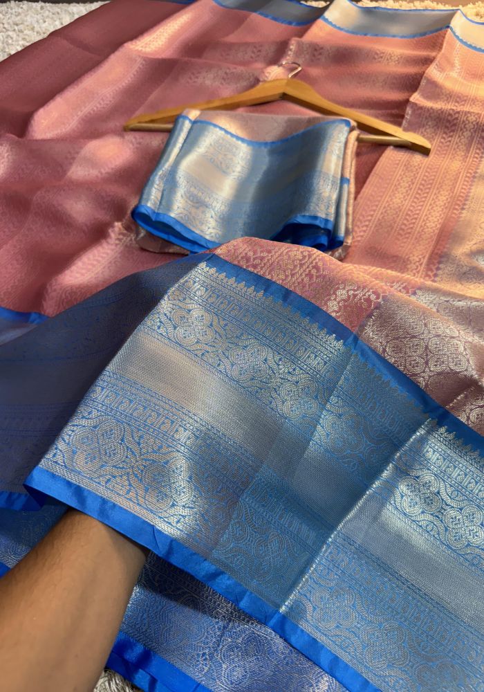 Amira - Pink & Silver Kanjivaram Silk Saree with Royal Blue Border