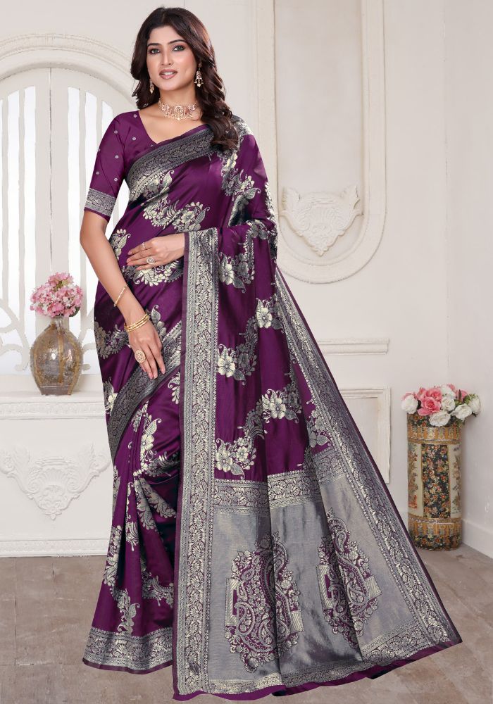 Aura Wine Banarasi Silk Saree