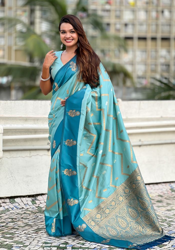 Ruvika – Banarasi Soft Silk Saree in Rama with Ornamental Border