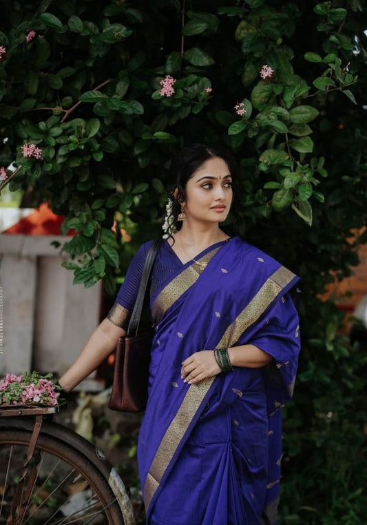 Royal Grace – Deep Blue Soft Silk Saree with Golden Zari Border
