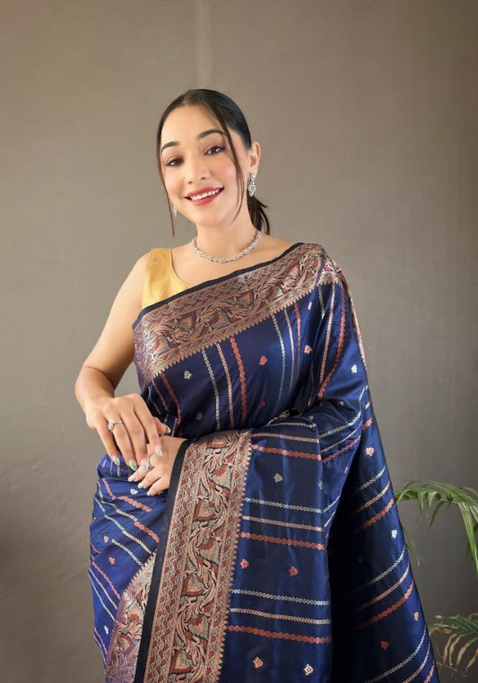 Elegantly Navy Blue Color Woven Silk Saree with Silver, Copper, and Antique Detailing