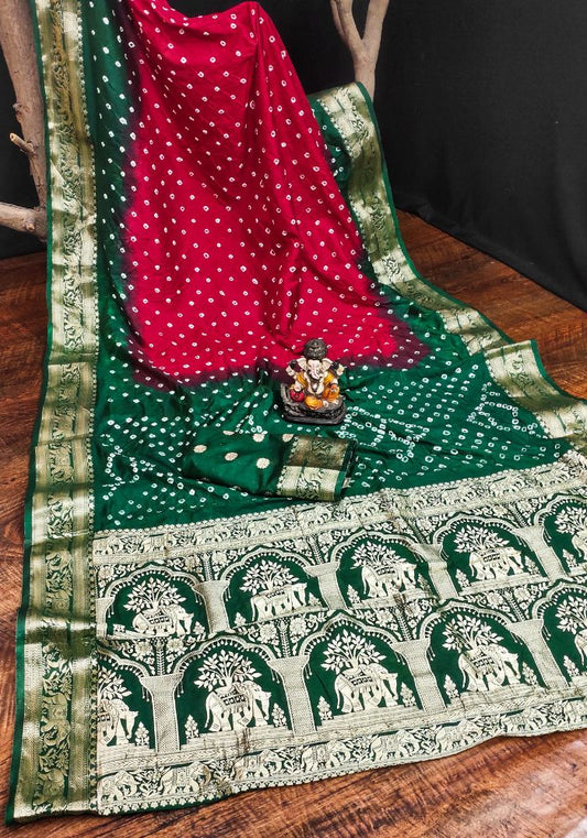 Ziyana Dark Green Red Bandhej Silk Saree