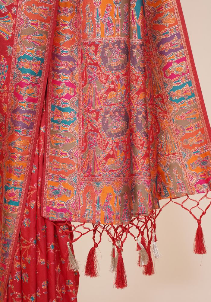 Tanirika – Red Naylon Sillk Saree with Vibrant Minakari Detailing