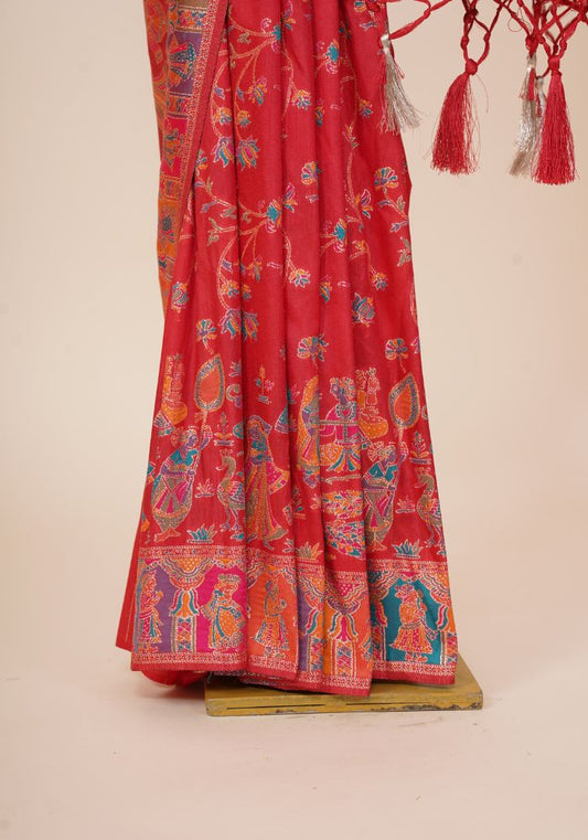 Tanirika – Red Naylon Sillk Saree with Vibrant Minakari Detailing