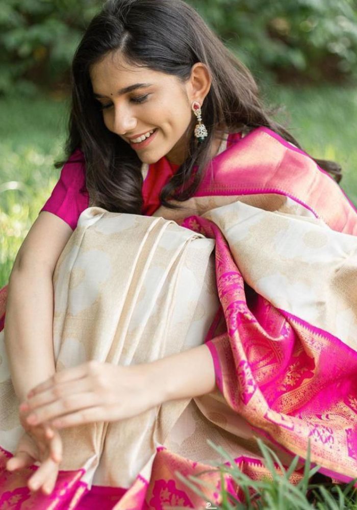 Apsara White Pink Silk Saree