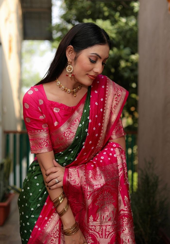 Ziyana Rani Green Bandhej Silk Saree