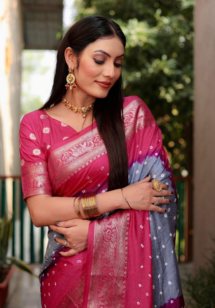 Ziyana Grey Rani Bandhej Silk Saree