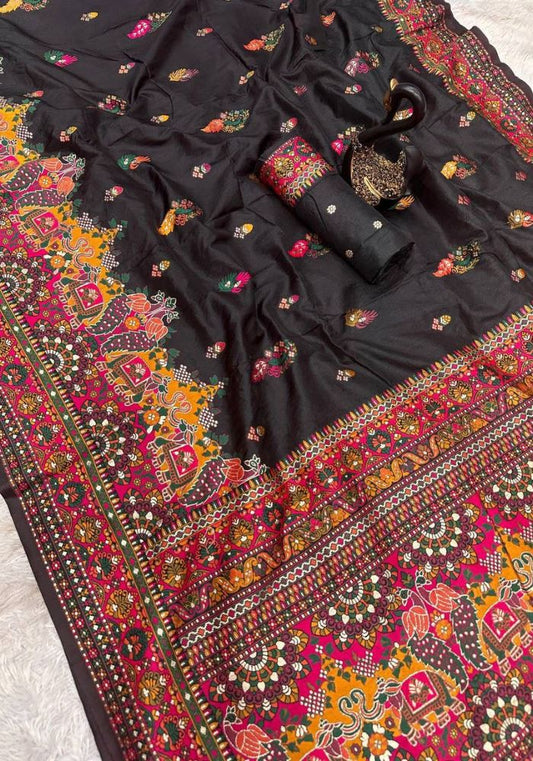 Entrancing Black Pashmina Saree With Panoply Blouse Piece