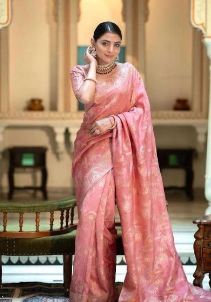 Anarkali Peach Banarasi silk saree