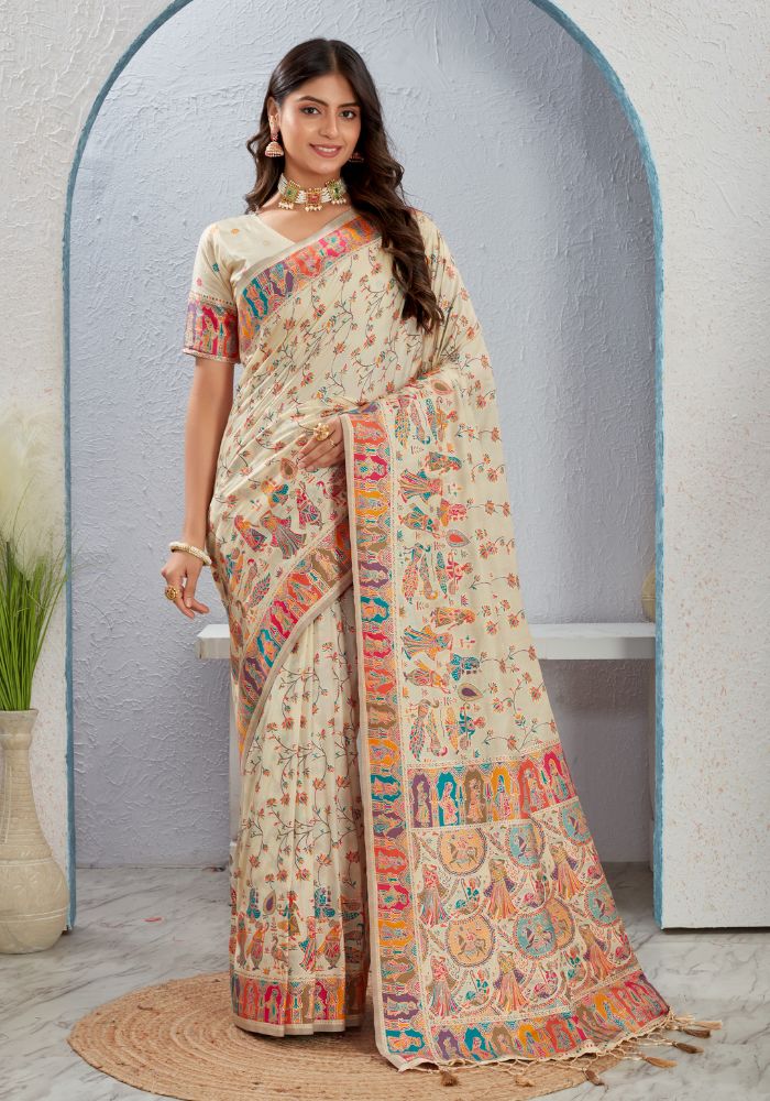 Tanirika – Beige Naylon Sillk Saree with Vibrant Minakari Detailing