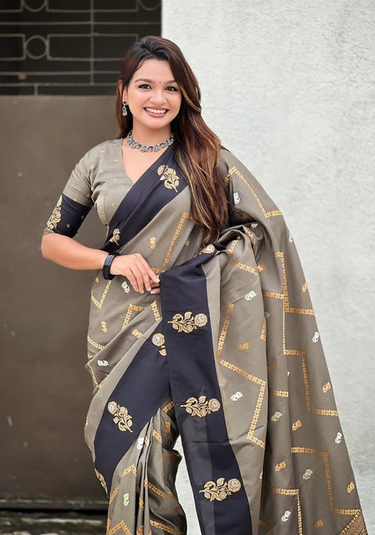 Ruvika – Banarasi Soft Silk Saree in Grey with Ornamental Border