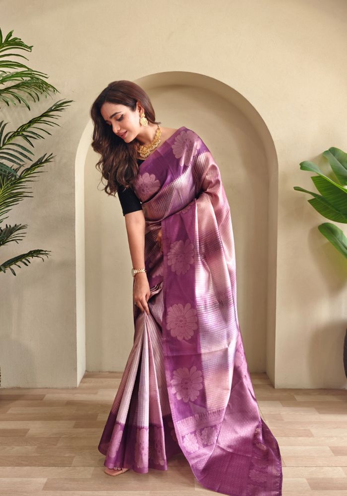 Amara – Purple Banarasi Soft Silk Saree with Floral Weave
