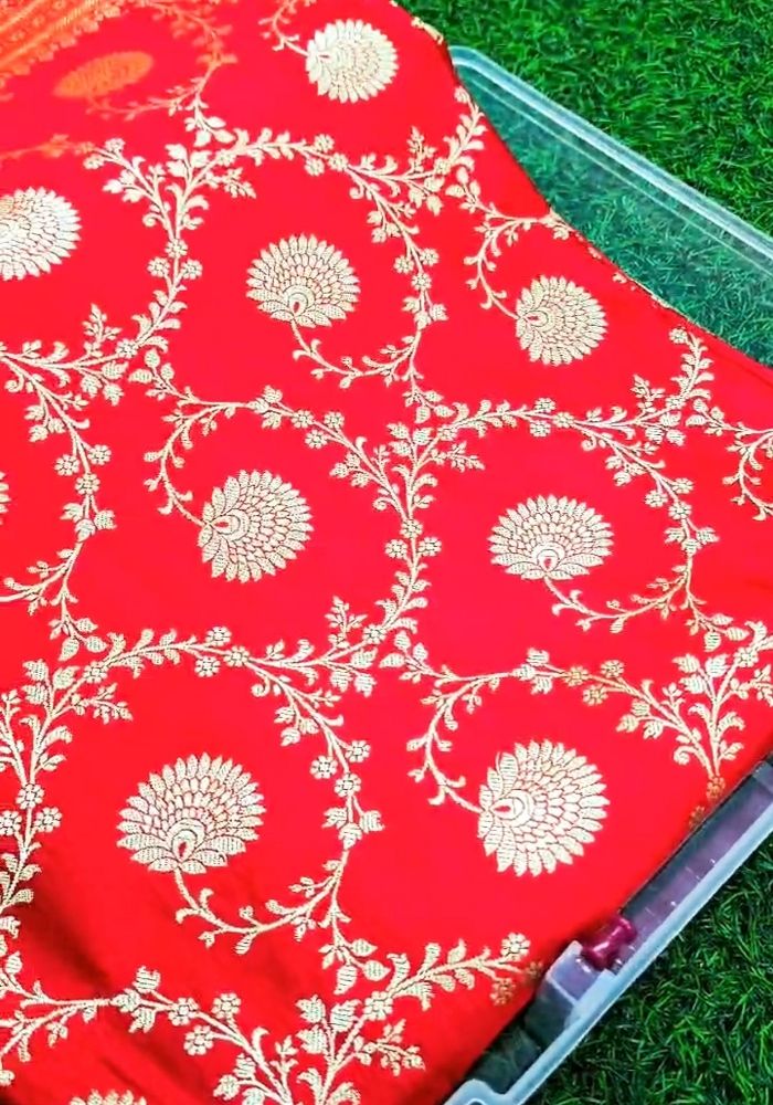 Ruhika – Scarlet Red Banarasi Soft Silk Saree with Traditional Zari Weaving