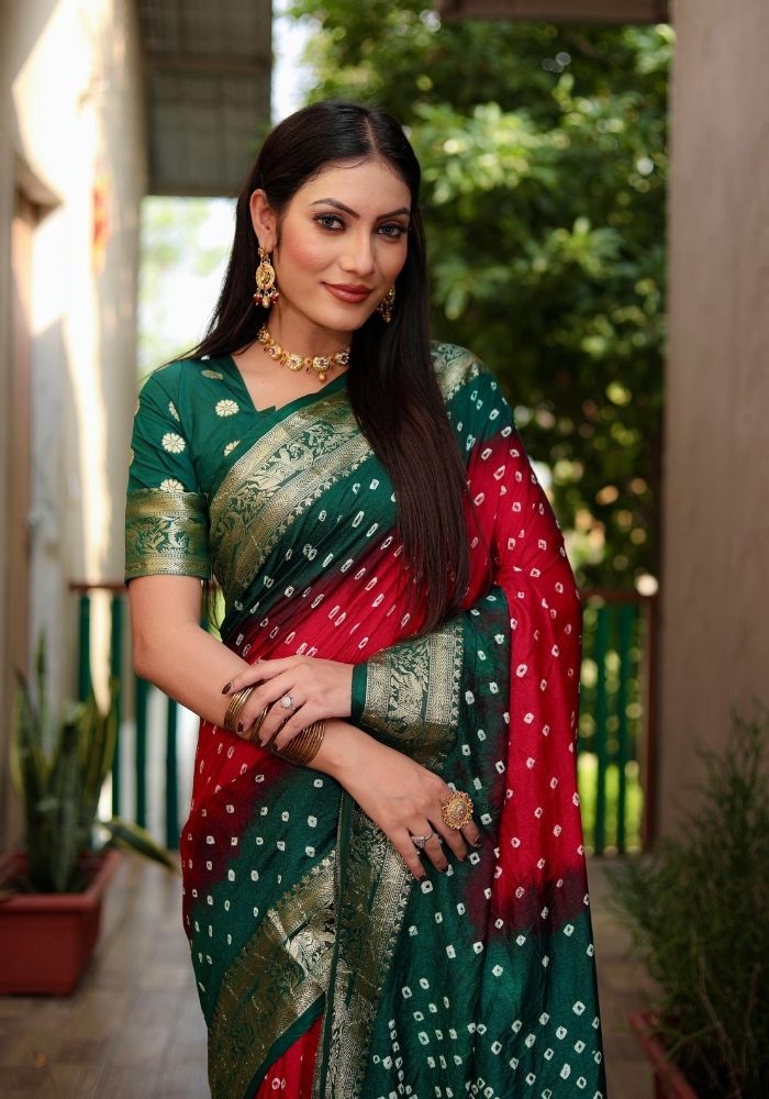 Ziyana Dark Green Red Bandhej Silk Saree