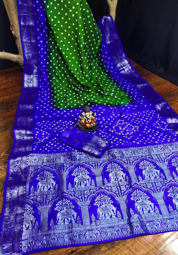 Ziyana Royal Blue Green Bandhej Silk Saree