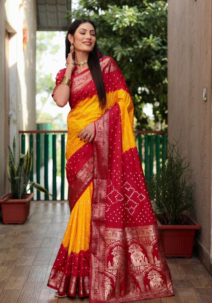 Ziyana Red Gold Bandhej Silk Saree