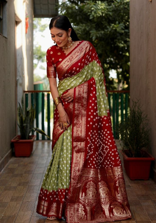 Ziyana Red Mehandi Bandhej Silk Saree