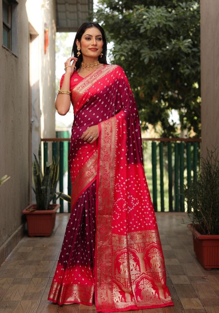 Ziyana Gajari Maroon Bandhej Silk Saree