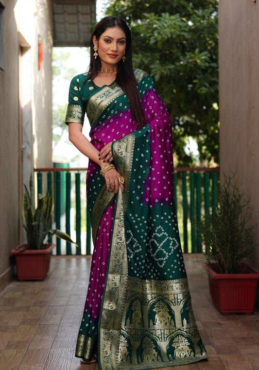 Ziyana B.green Rani Bandhej Silk Saree