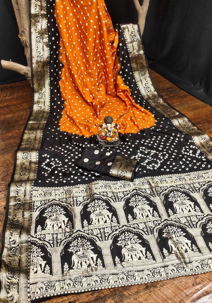 Ziyana Black Orange Bandhej Silk Saree