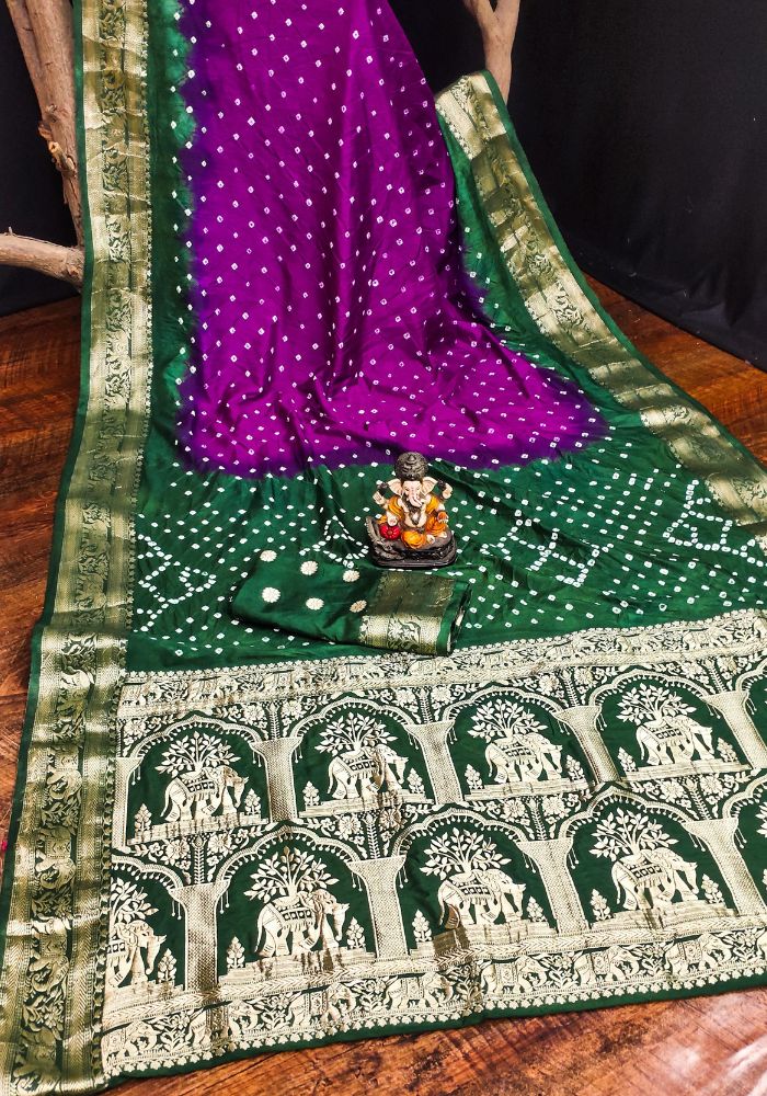 Ziyana B.green Rani Bandhej Silk Saree