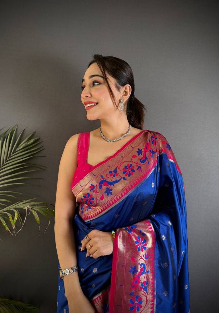 Nebula Navy Blue Paithani Silk Saree With Adorable Blouse Piece
