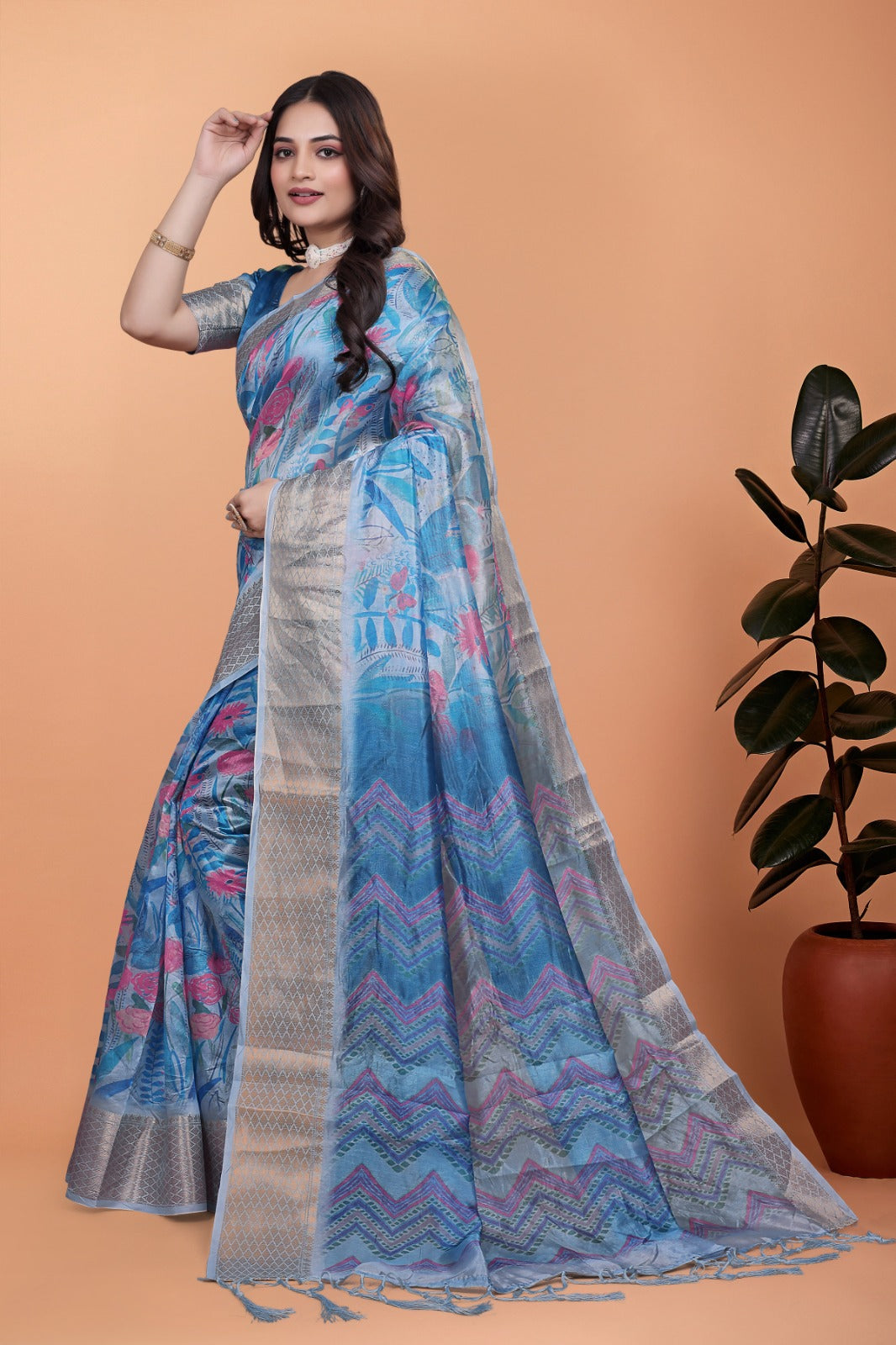 Amaya Sky Blue Digital Silk saree