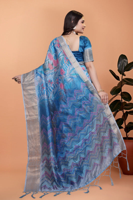 Amaya Sky Blue Digital Silk saree