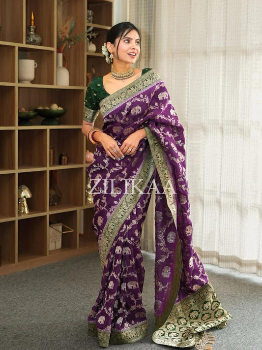 Anvitha – Wine Banarasi Silk Saree with Zari Weaving