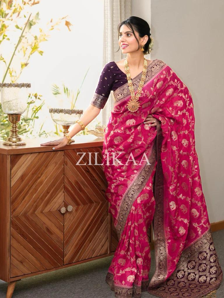 Anvitha – Dark Pink Banarasi Silk Saree with Zari Weaving