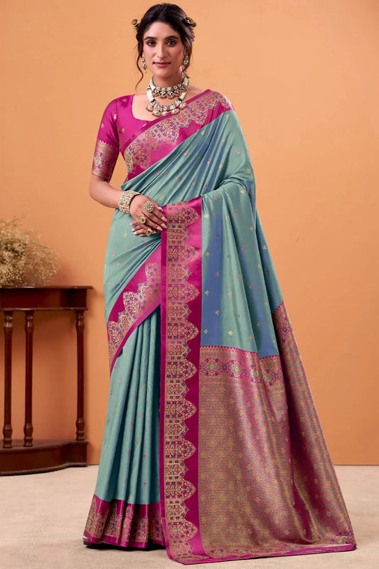 Ratatouille Grey Banarasi Satin Silk Saree With Forbearance Blouse