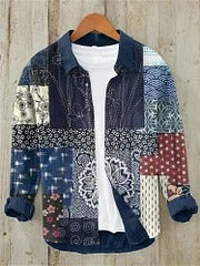 Vintage Patchwork Denim Shirt – Japanese Inspired Pattern Long Sleeve Button-Up