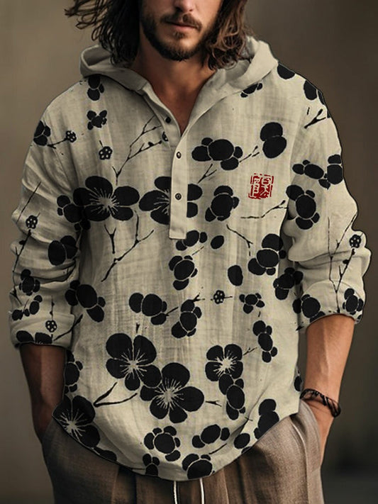 Japanese Sakura Hoodie Shirt – Minimalist Floral Linen Pullover