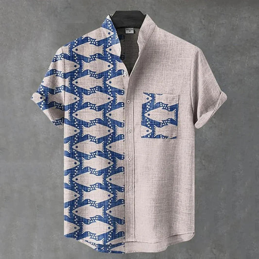 Coastal Fish Pattern Shirt – Blue Nautical Colorblock Linen Style Button-Up – Unisex Summer Shirt S–6XL