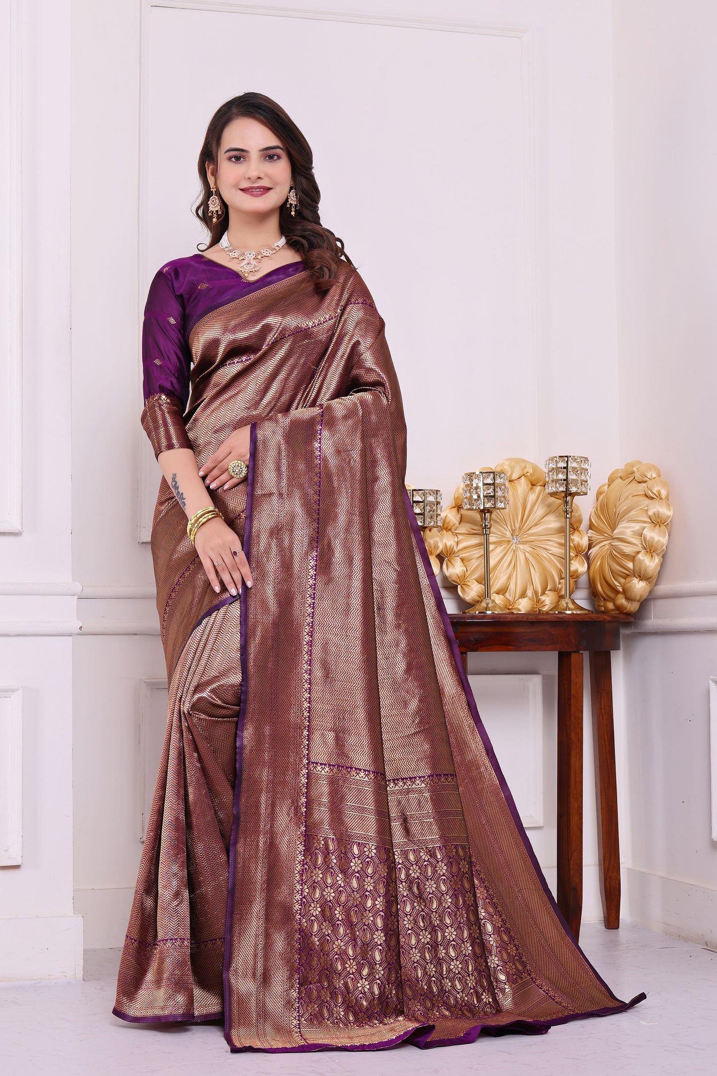 Aarohi Wine Banarasi Silk Saree