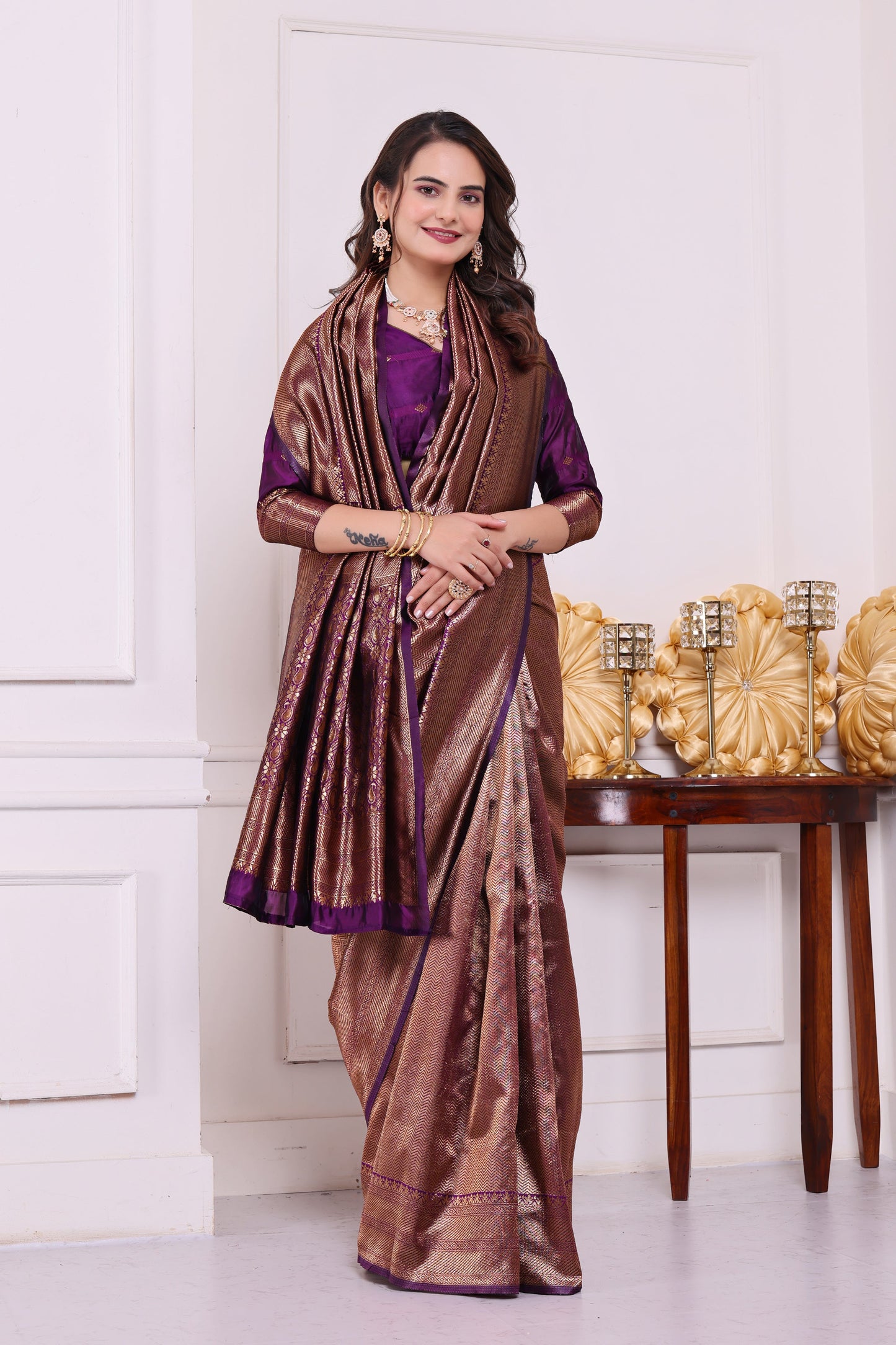 Aarohi Wine Banarasi Silk Saree