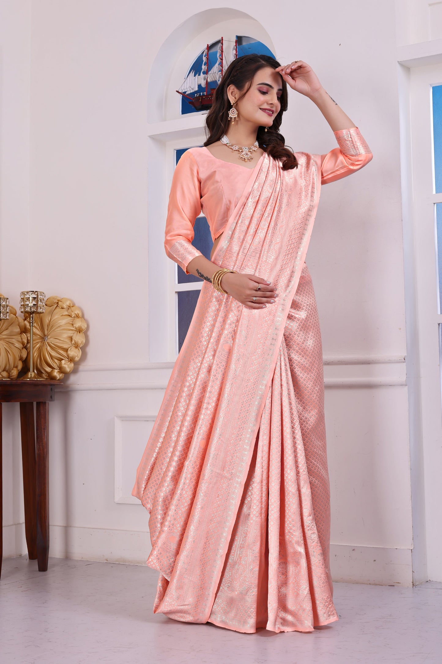 Zarika Peach Banarasi silk saree