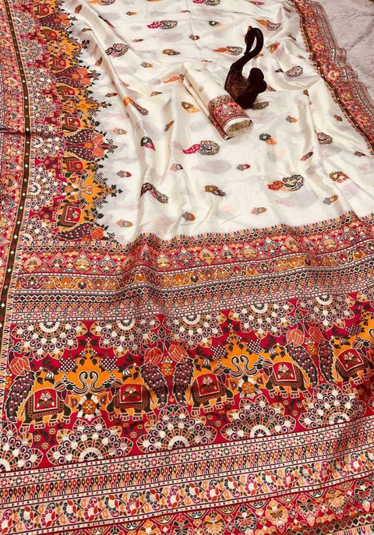 Fantabulous Beige Pashmina Saree With Radiant Blouse Piece