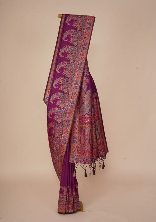 Glamorous Wine Pashmina Saree With Artistic Minakari Work